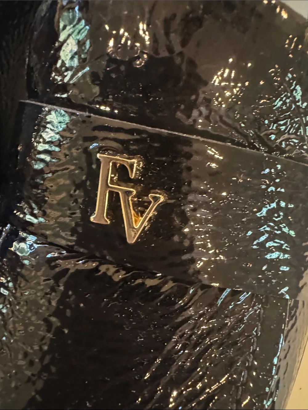 Frances Valentine Black crinkle soft Patent Loafers Gold FV Logo-Twiggy Loafer - Picture 9 of 11